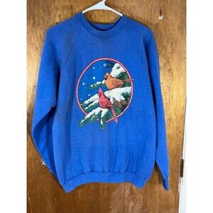 Vintage Cardinals‎ Birds Winter Christmas Nature Crewneck Sweater XL USA Blue